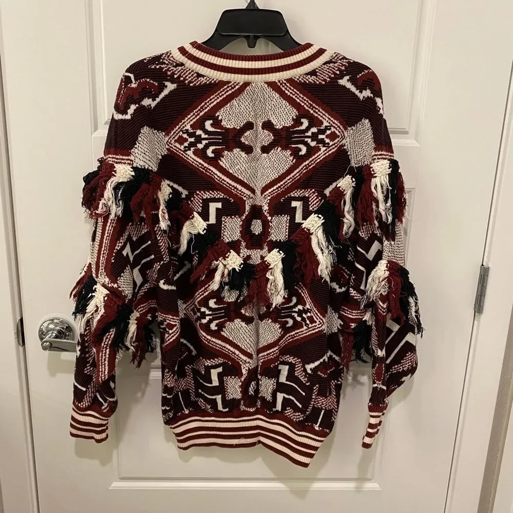 Zara Trafaluc Maroon Cream Aztec Tribal Intarsia Fringe Tassel Sweater Large